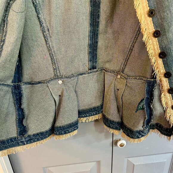 Stretch Denim Distressed Jacket "Embellished" w/Lace, Dollies & Antique Trim. - Picture 9 of 12